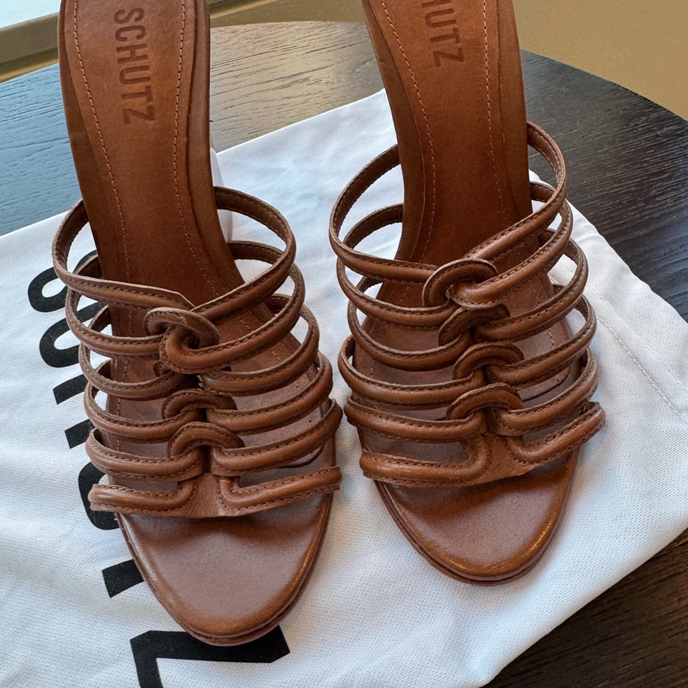 SCHUTZ OTAVIA WEDGE Women's Tan Strappy Heels.  NEVER WORN!!